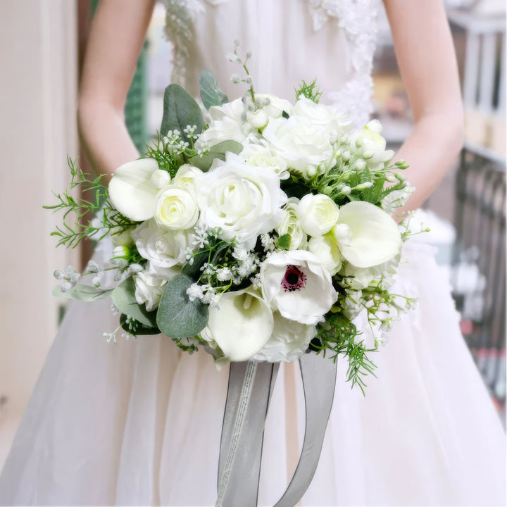 Elegant White Anemone and Rose Bridal Bouquet