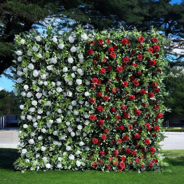 Half-red, half-white rose flower wall backdrop with greenery