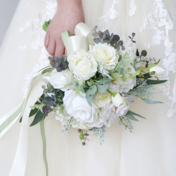 Bridal Bouquet with Roses, Peonies, and Eucalyptus in White and Green