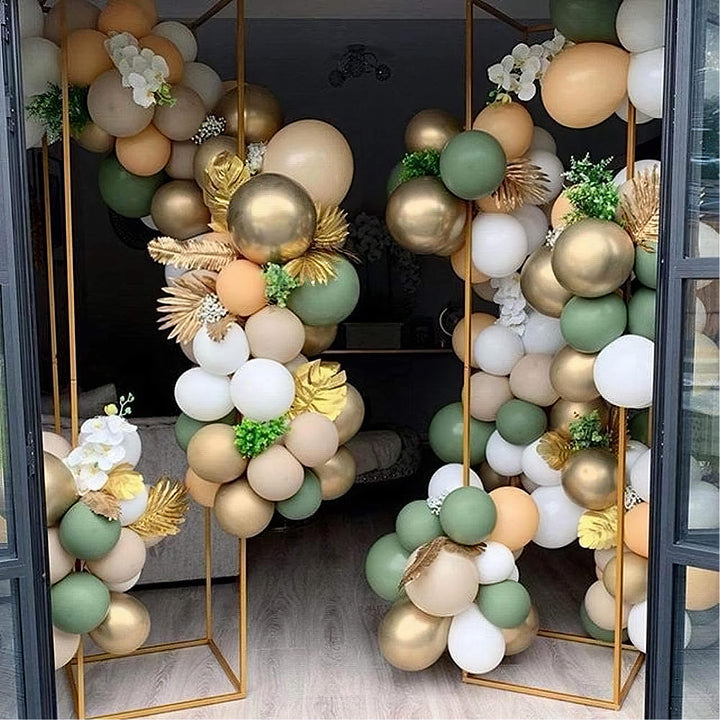 Balloon arch kit featuring green, brown, and lush greenery accents
