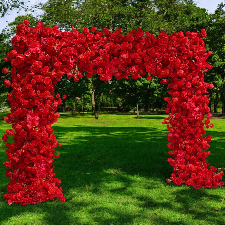 Red Rose Flower Wedding Arch on grass lawn 5D Red Rose Wedding Arch Floral Set Fabric Backdrop Floral Wall Proposal Wedding Party Decor