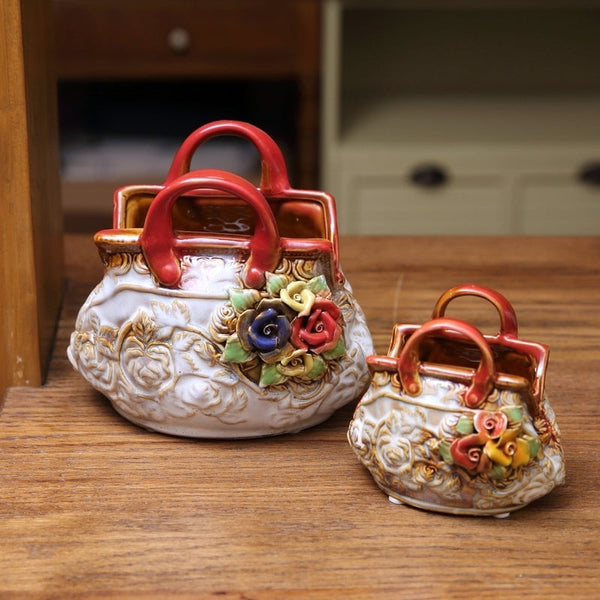 Retro Rose Relief Handbag Ceramic Vase
