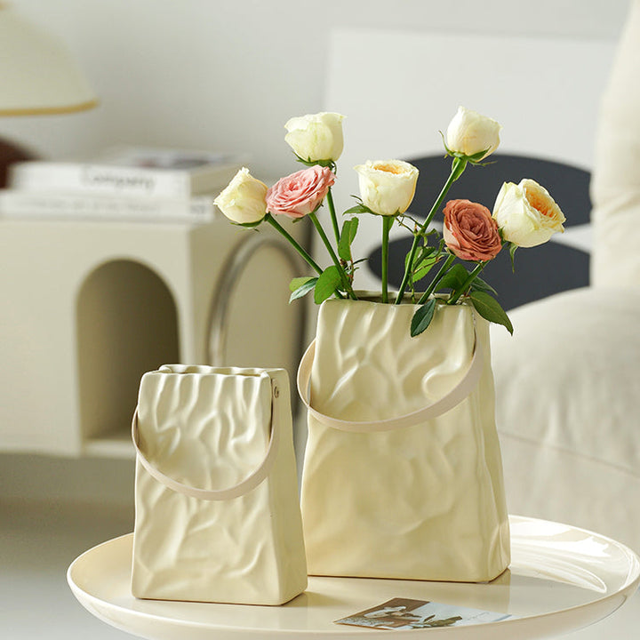 White Cream Crinkle Paper Bag Ceramic Vase