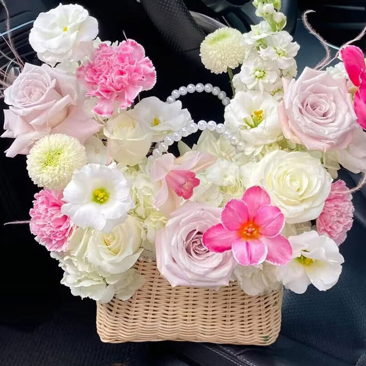 Waterproof Rattan Flower Basket with Pearl Handle