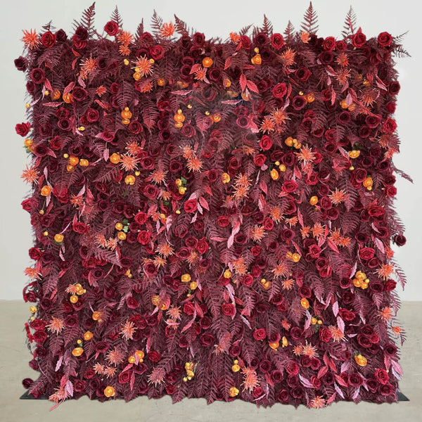 Burgundy and orange flower wall backdrop for autumn weddings
