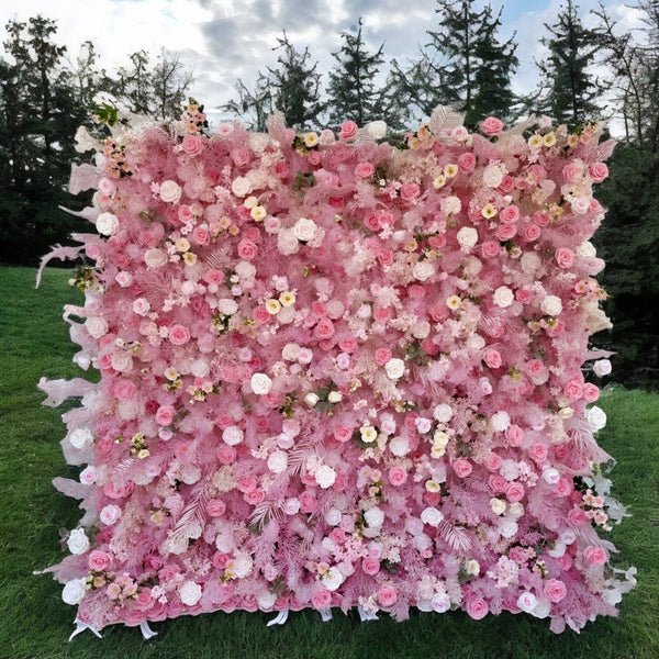 Pink floral wall backdrop rich with roses for weddings and parties.