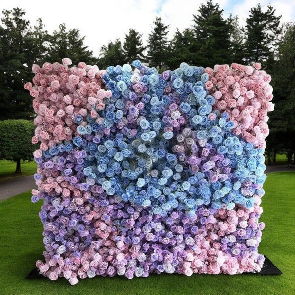 Pastel rose flower wall with a swirl pattern in blue, lilac, and pink