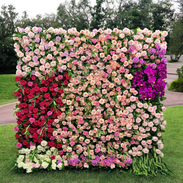 Colorful Bloom Garden flower wall backdrop with mixed roses and orchids.
