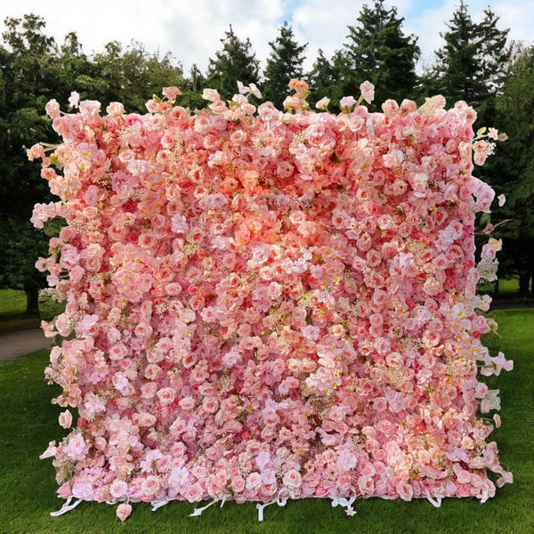 Blush Blossom floral wall featuring soft pink roses and delicate blooms for elegant events.
