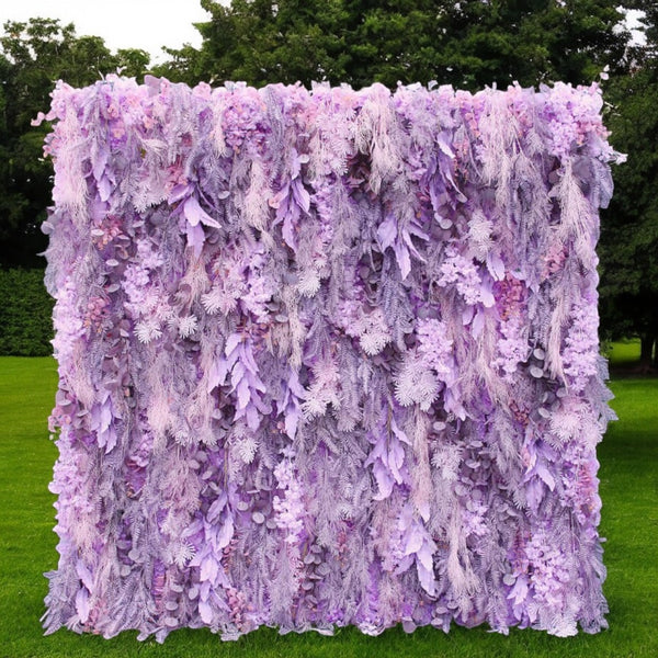 Romantic lavender flower wall backdrop for weddings and events.
