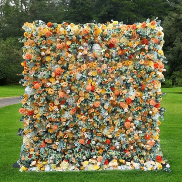 Full view of Amber Grove Bloom flower wall backdrop with vibrant orange, peach, and yellow florals