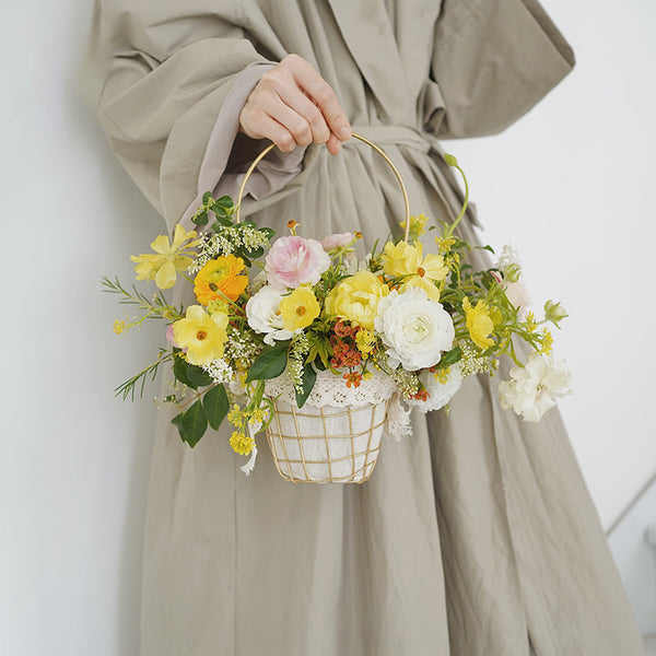 Gold Wire Flower Basket with Fabric Liner