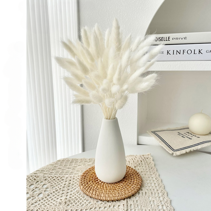 Small White Vase with Dried Rabbit Tail Grass