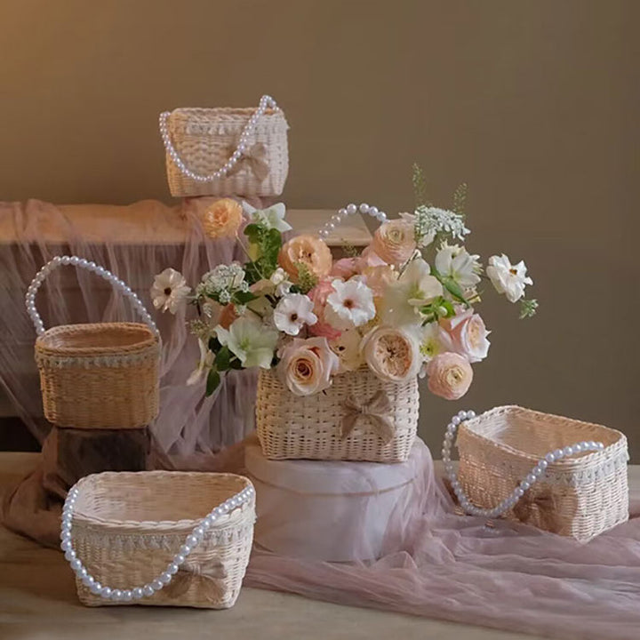 Waterproof Rattan Flower Basket with Pearl Handle