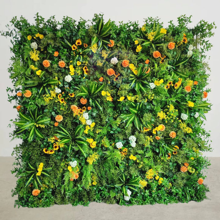 Tropical Oasis floral wall backdrop with vibrant green foliage and colorful flowers.
