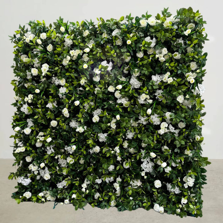 Green and white flower wall backdrop for weddings and events.
