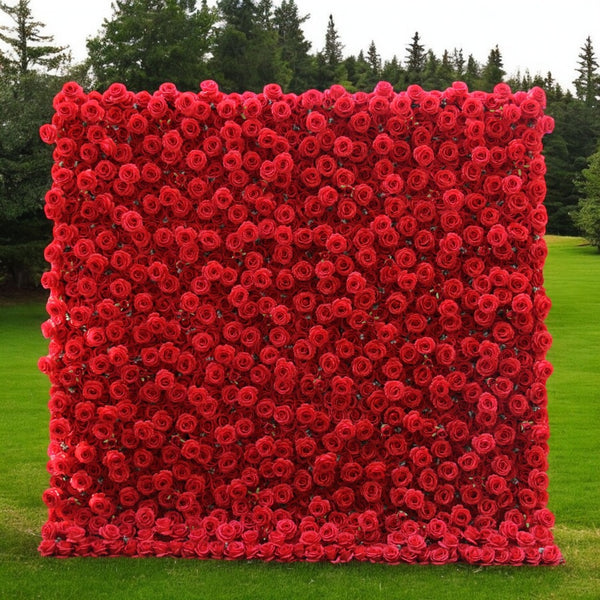 Vibrant red rose floral wall backdrop for romantic events.
