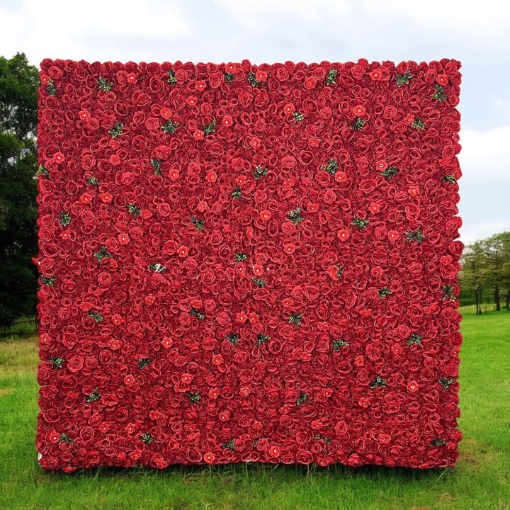 Lush red rose flower wall backdrop for weddings and events
