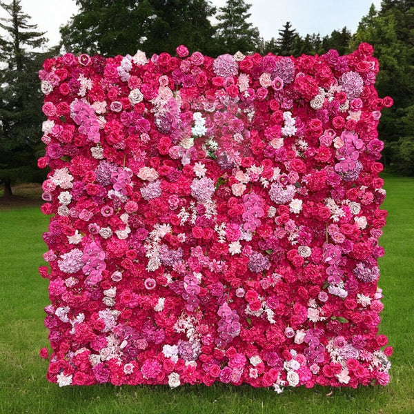 Hot pink floral wall backdrop with vibrant pink roses and orchids.
