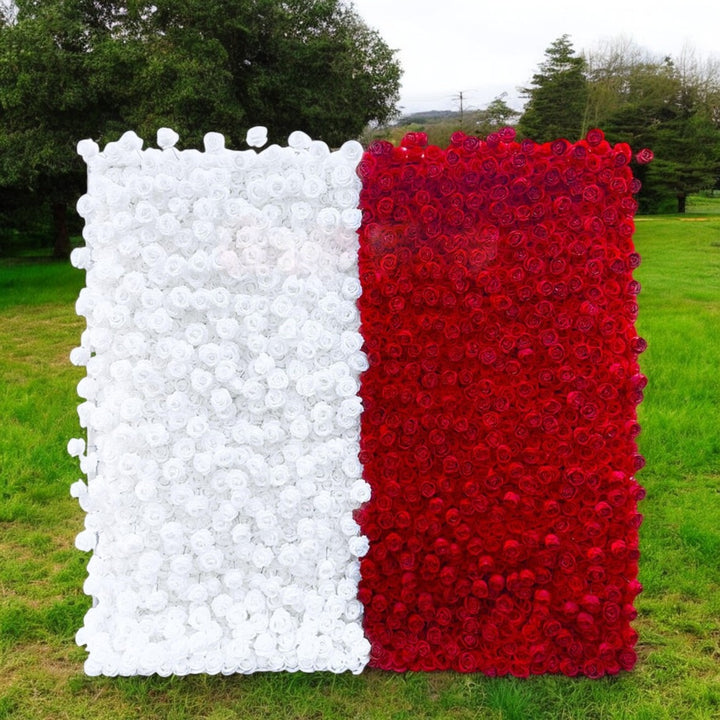 Dual-tone red and white rose flower wall backdrop for weddings and events.
