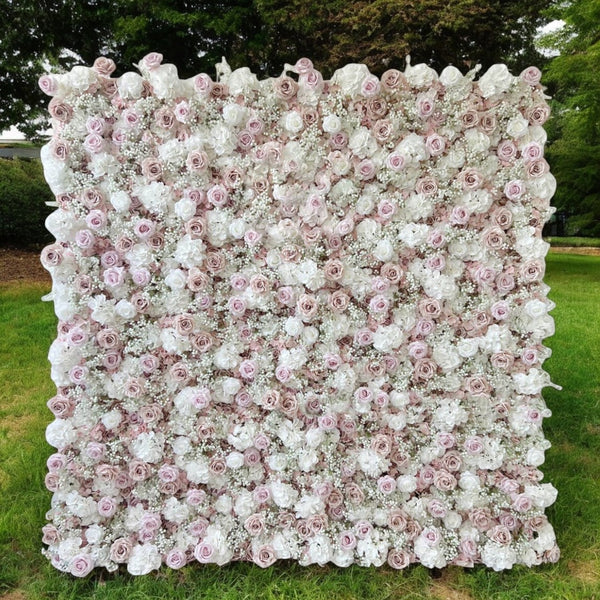 Romantic blush and white flower wall backdrop perfect for weddings.
