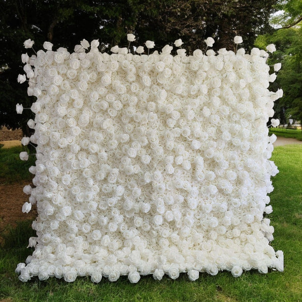 Elegant pure white rose flower wall backdrop for weddings and special events.

