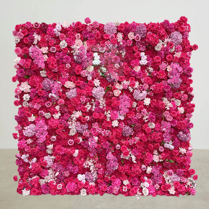 Hot pink floral wall backdrop with vibrant pink roses and orchids.
