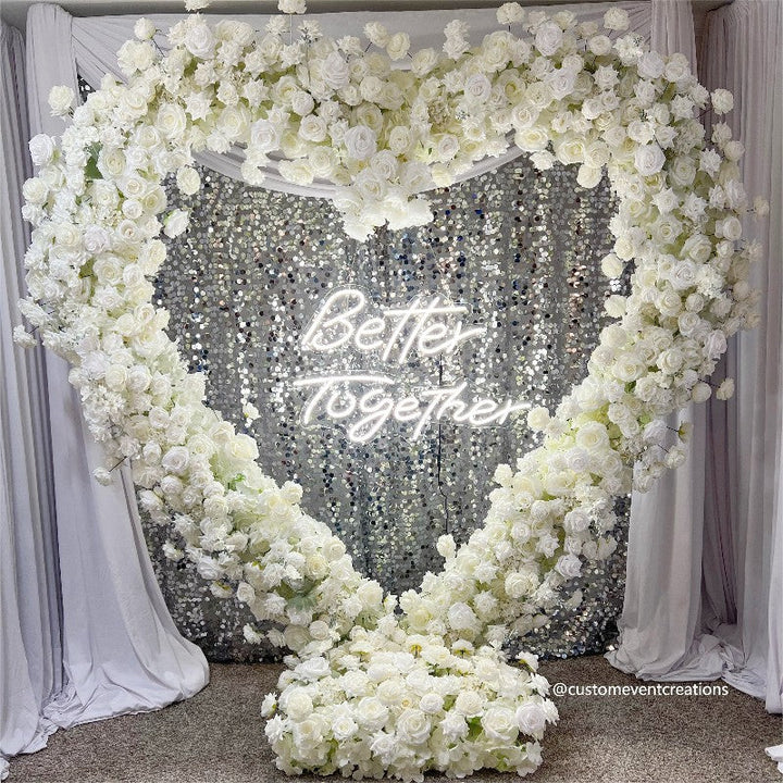 Flower Arch White Roses Heart Shaped Floral Set Backdrop Proposal Wedding Party Decor