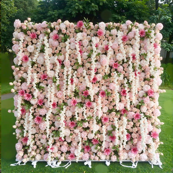 Enchanted Garden floral wall with pink blossoms for weddings and events.