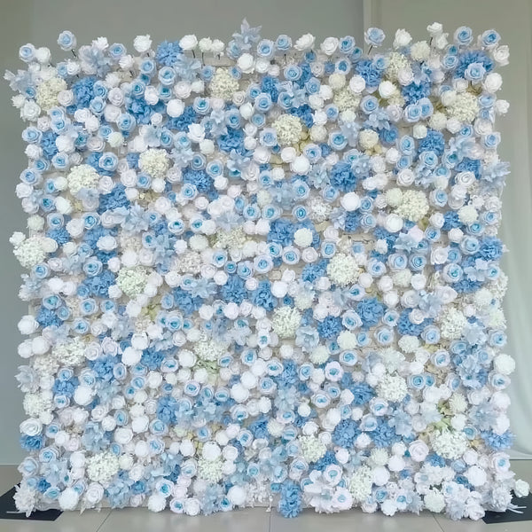 Blue and white rose flower wall backdrop for wedding and event decoration.