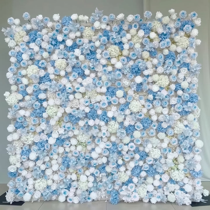 Blue and white rose flower wall backdrop for wedding and event decoration.