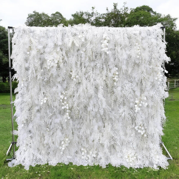 Misty white dream flower wall backdrop for weddings and elegant events.
