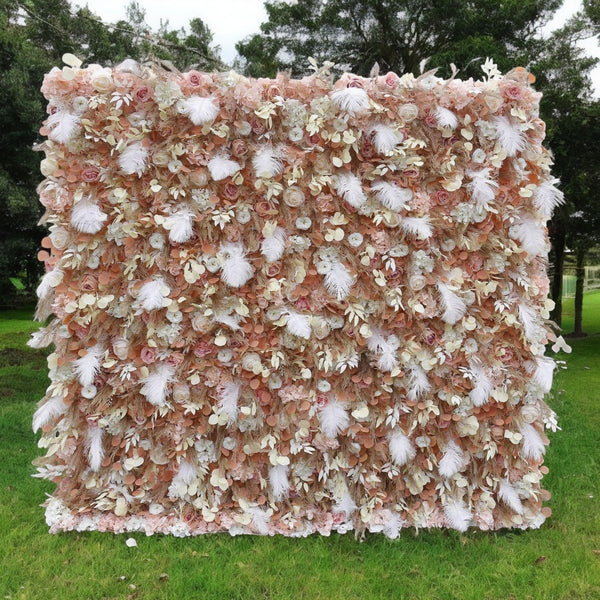 Vintage Elegance Feather Flower Wall Backdrop with blush roses and white feathers.
