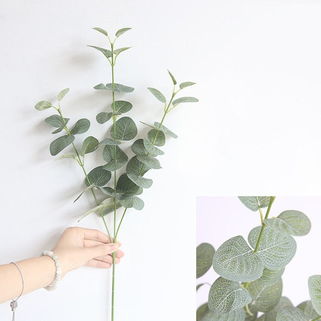 Artificial Leaves Branch Retro Green Silk Eucalyptus Leaf for Home Decor Wedding Plants Faux Fabric Foliage Room Decoration 68CM, perfect as artificial plants for outdoors.