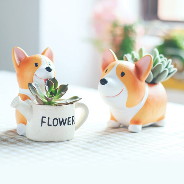 Lovely Corgi Dog Shaped Plant Decor Succulent Plants Decorative Flower Pot 2 in Set Idea