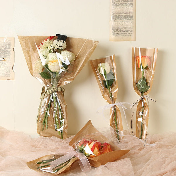 50pcs Plastic Bouquet Bags Kraft Paper Bags for Single Rose Wrapping