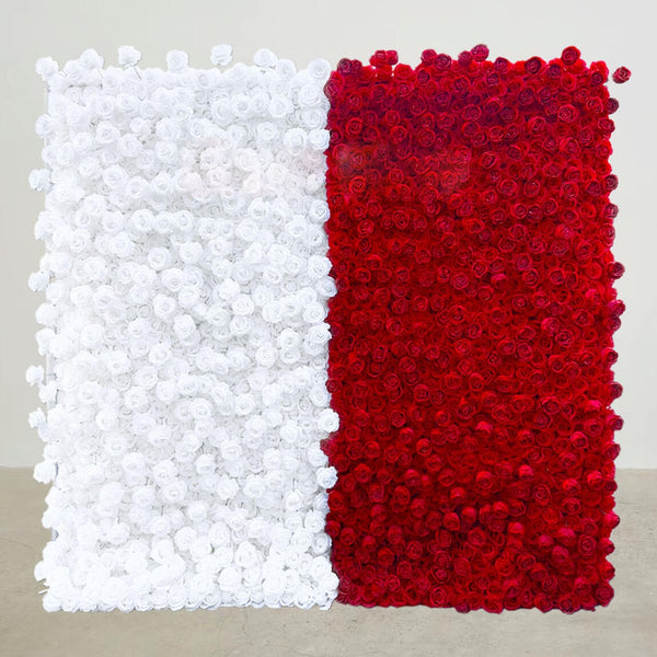 Dual-tone red and white rose flower wall backdrop for weddings and events.
